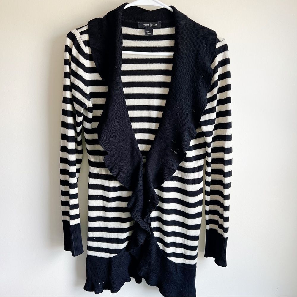 White House Black Market Cream Striped Ruffle Silk Blend Cardigan Sweater